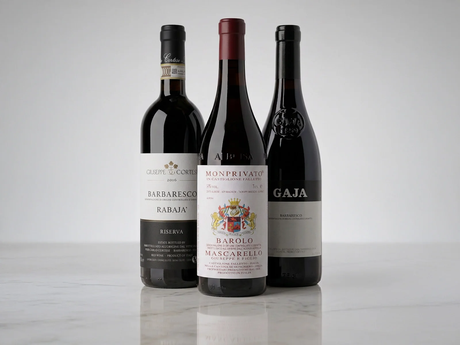 Drei Flaschen Barbaresco und Barolo von Cortese, Mascarello und Gaja
