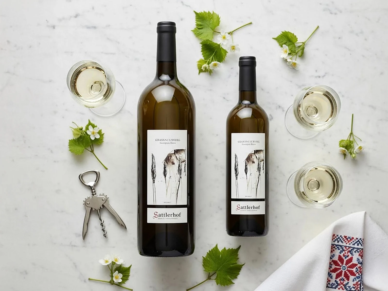 Zwei Flaschen Sattlerhof Sauvignon Blanc mit Weingläsern auf Marmor